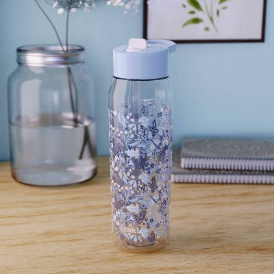Zak Designs 32oz Frost Floral Manual Straw Bottle Blue