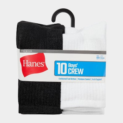 Hanes Boys' 10pk Premium Crew Socks - Black/White M