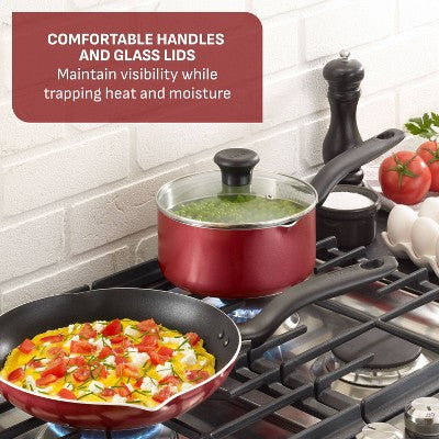 T-Fal 20pc Simply Cook Nonstick Cookware Set Red: Skillet & Pan Set, Glass Lids, Dishwasher & Oven Safe, Ergonomic Handles (LOCAL PICKUP ONLY)