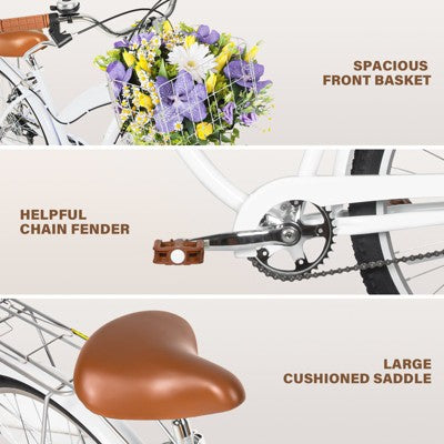 Hykolity 26 Inch Cruiser Beach Bike Commuter Bicycle for Adult Women Men City Bikes with Basket Comfort Saddle Rear Rack White (LOCAL PICKUP ONLY)