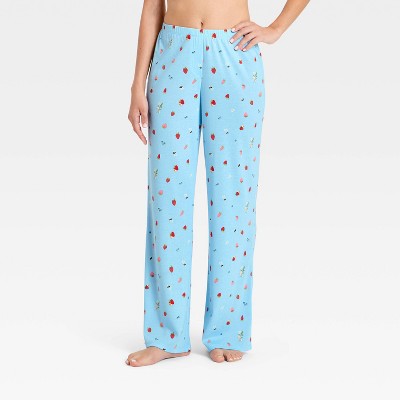Women's Knit Wide Leg Pajama Pants Blue Strawberry Printed XS