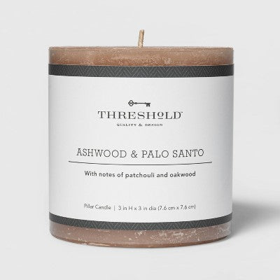 3" x 3" Pillar Ashwood and Palo Santo Candle Tan - Threshold: Spring Scented, 35-Hour Burn, Single Wick