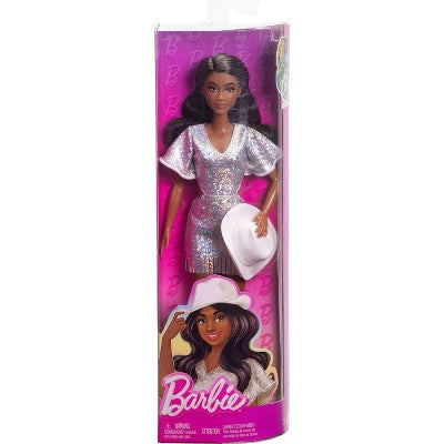 Barbie Fashionistas Doll #239 in Sparkly Silver Dress with Cowboy Hat and Boots, Black Hair