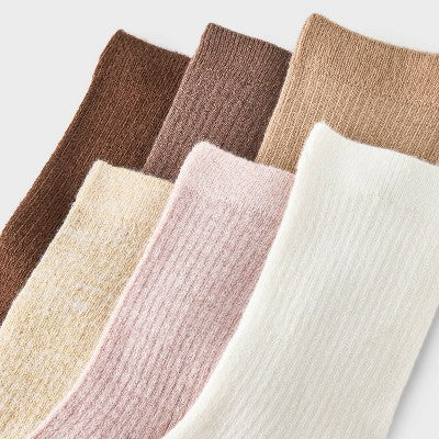 Women's Shimmer and Solid Fine Ribbed 6pk Crew Socks - A New Day Peach/Ivory/Brown 4-10: Recycled Polyester, Tagless, Smooth Toe Seams