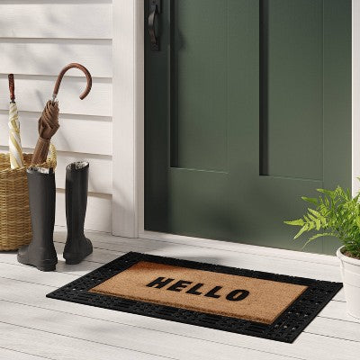 1'11"x2'11" 'Hello' Rubber Coir Doormat Natural/Black - Threshold: Outdoor Welcome Mat, Front Door Decor (LOCAL PICKUP ONLY)