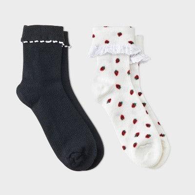 Women's 2pk Comfortwear Strawberry Anklet Socks - Auden - White/Ebony