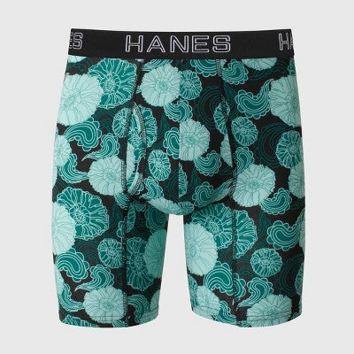 Hanes Originals Premium Men's Cotton Floral Print Flower Boxer Briefs - Green/Black L