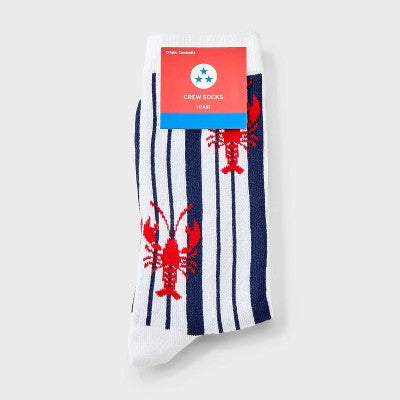 Women's Lobster Stripes Crew Socks - White/Red/Blue 4-10
