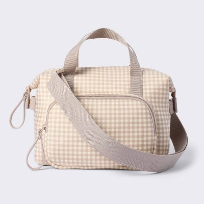 Insulated Bottle Cooler Shoulder Diaper Bag - Tan Gingham Plaid - Cloud Island
