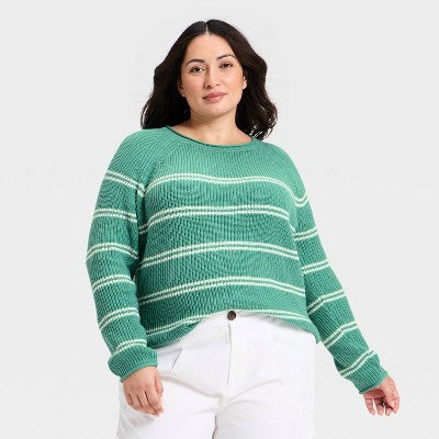 Women's Knit Pullover sweater - A New Day Green/Cream Striped XX
