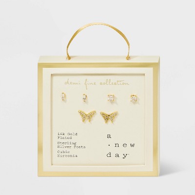 Rectangle and Square Butterfly Stud Earring Set 3pc - A New Day Gold: Brass, Sterling Silver, Cubic Zirconia