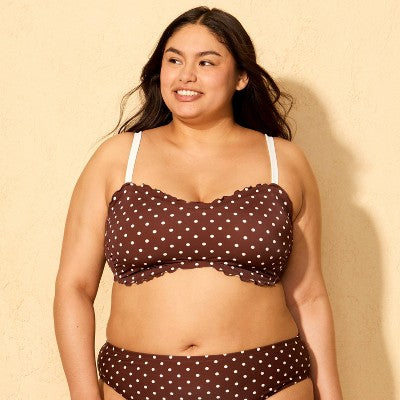 Women's Ruffle Edge Bandeau Bikini Top - Brown/Cream Polka Dot 2X