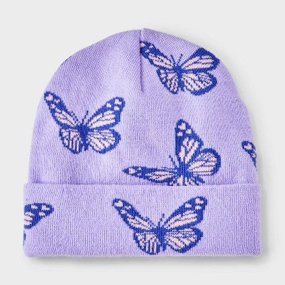 Girls' Flat Knit Butterfly Intarsia Beanie Hat - Cat & Jack Lavender 4-14