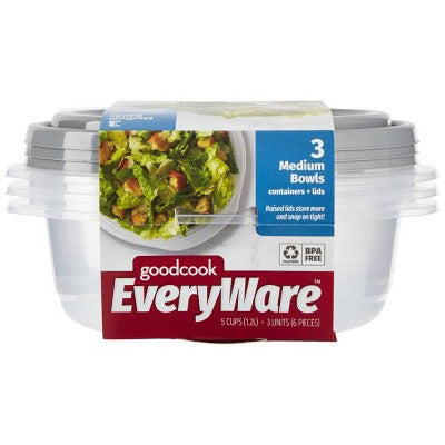 GoodCook EveryWare Round Bowls Food Storage Containers - 5 Cups - 6pcs/3ct - Gray