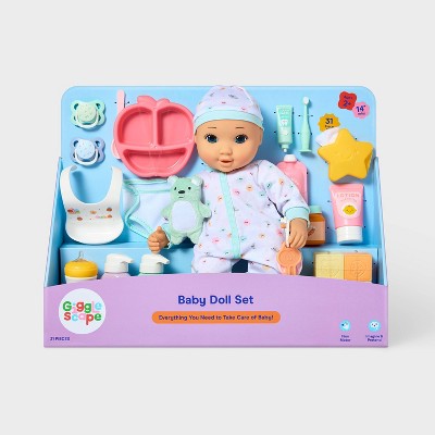 14" Baby Doll Set - Blonde Hair + Blue Eyes - Gigglescape: Includes 31 Pieces, Doll Accessories, Play Set