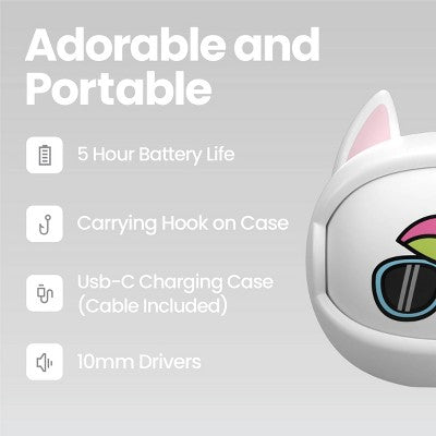 GEMS 'Unicorn' Spinning Animal Face TWS Earbuds - White: Built-In Microphone, Silicone Ear Cushions