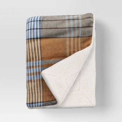 Plaid Printed Plush Throw Blanket with Faux Shearling Reverse - Threshold