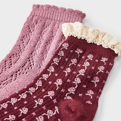 Women's Floral Lace and Pointelle 2pk Ankle Socks - Auden Berry/Pink 4-10