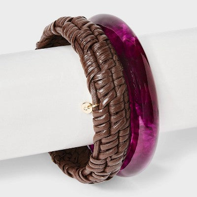 Woven Rattan and Marbleized Bangle Bracelet Set 2ct - A New Day Brown/Purple