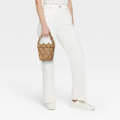 Straw Mini Floral Bucket Bag - A New Day Beige: Woven Paper Straw, Magnetic Closure, Structured Design