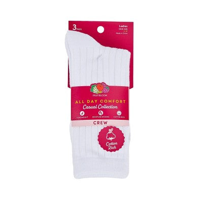 Women's Fruit of the Loom Cotton Comfort 3pk Crew Socks - White 4-10: Midweight, Cotton Blend, Machine Washable