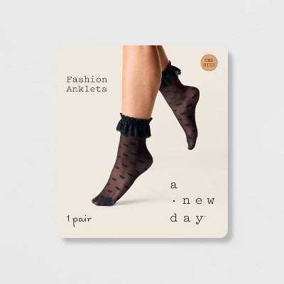 Women's Sheer Bow Anklet Socks with Lace Ruffle - A New Day Black 4-10: Lightweight Nylon Spandex, Banded Cuff