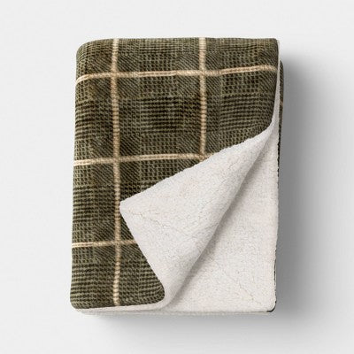 Glen Plaid Printed Plush Throw Blanket with Faux Shearling Reverse Dark Sage Green - Threshold