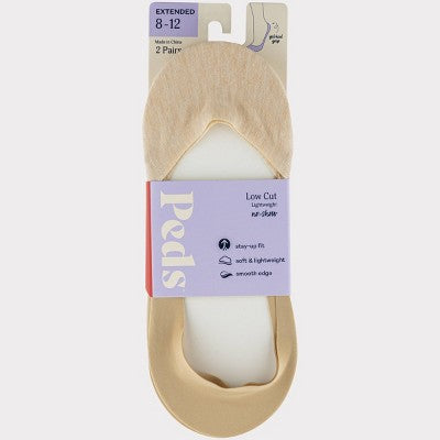 Peds Women's Extended Size Cotton 2pk Unseen Liner Casual Socks - Nude 8-12: Lightweight Knit, Hidden Gel Heel Grip