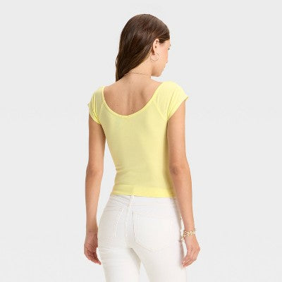 Women's Short Sleeve Double V-Neck Ribbed T-Shirt Lemon Yellow XL
