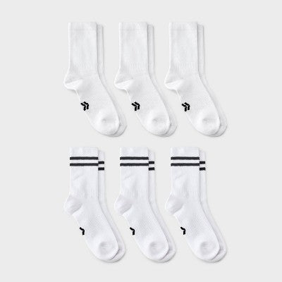 Boys' 6pk Varsity Striped Arch Support Cushioned Crew Socks - All In Motion Bright White M