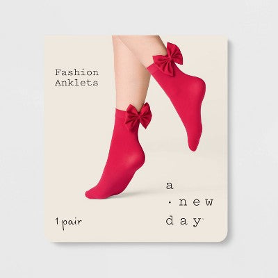 Women's Bow Opaque Anklet Socks - A New Day Red One Size
