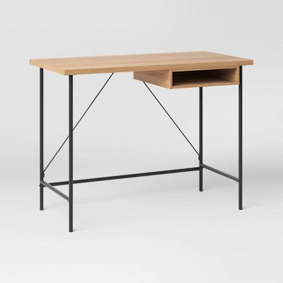 Wood and Metal Writing Desk with Storage Natural Laminate - Room Essentials: Sturdy Home Office Furniture with Open Shelf (LOCAL PICKUP ONLY)