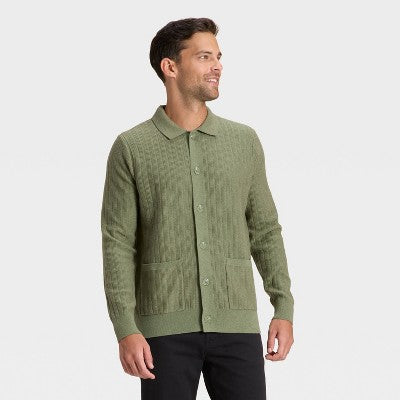 Men's Collared Cardigan Sweater - Goodfellow & Co Olive Green L