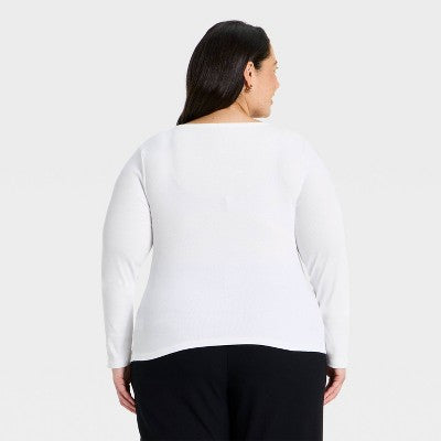 Women's Lace Trim V-Neck Ribbed Top - A New Day White XXL