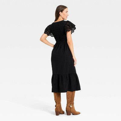 Women's Flutter Short Sleeve Smocked Midi A-Line Dress Black XS
