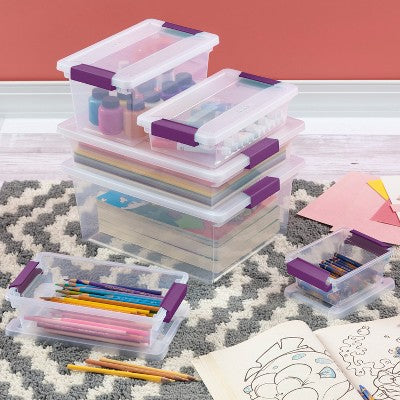 Sterilite 1.9qt Purple Latch Box Clear: Plastic Storage Bin with Lid, Portable, Stackable, Built-In Handles, Universal Use