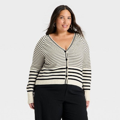 Women's Long Sleeve V-Neck Cardigan - A New Day Cream Striped XXL