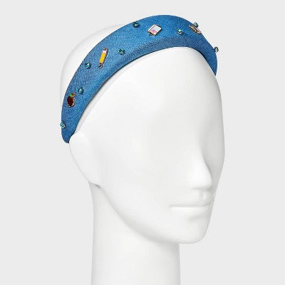 Back To School Embellished Denim Headband - Blue