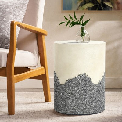 LuxenHome Outdoor Patio Table, 17" Gray and Cream Cement Round Side Table,Modern Garden Decorative Stool,Outdoor Accent End Table (LOCAL PICKUP ONLY)