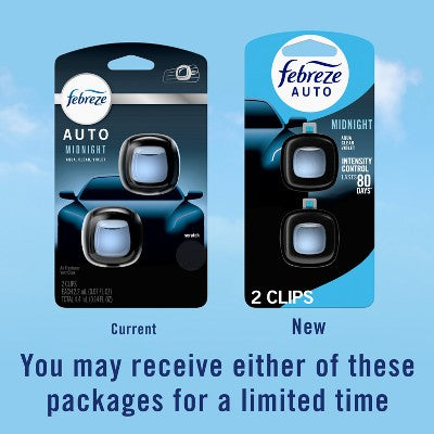 Febreze 2ct Car Auto Midnight: Vent Clips, Adjustable Scent, Phthalate-Free, Disposable, Oil-Based Freshener