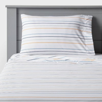 Queen Microfiber Kids' Sheet Set Blue Striped - Pillowfort: Recycled Polyester, OEKO-TEX Certified, 4-Piece Bedding