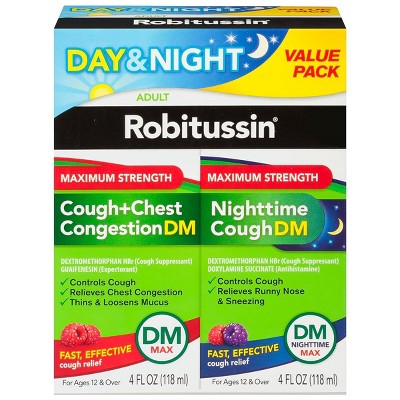 Robitussin Cough & Chest Congestion Max/Nighttime Combo Syrup - Dextromethorphan - Berry - 8 fl oz/2pk