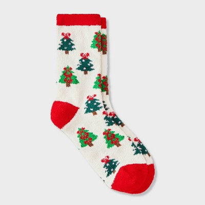 Women's Festive Trees Christmas Cozy Crew Socks - Wondershop White/Green/Red 4-10