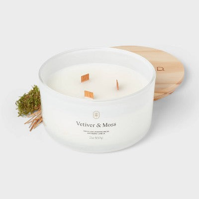 3-Wick Milky Glass Wooden Wick Vetiver and Moss Jar Candle 20oz - Threshold