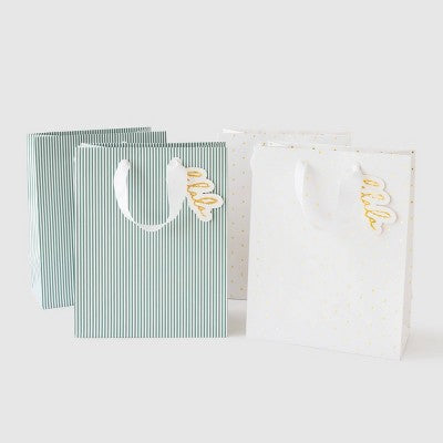 4pk Small Foil Dot and Pinstripe Christmas Gift Bags with Tags Green/White - Sugar Paper + Target