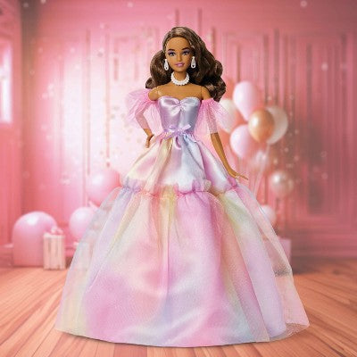 Barbie Signature Birthday Wishes Fashion Doll with Brunette Hair in Dress with Pastel Rainbow Effect