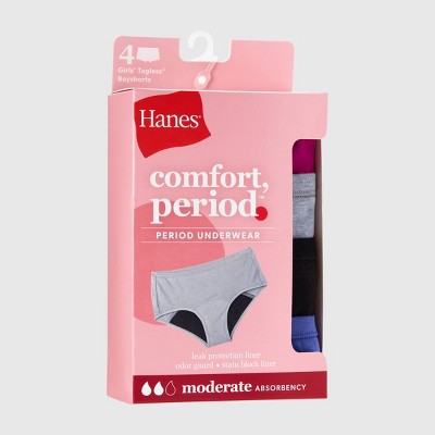 Hanes Girls' 4pk Boyshort Period Underwear Moderate Protection - colors may vary 14