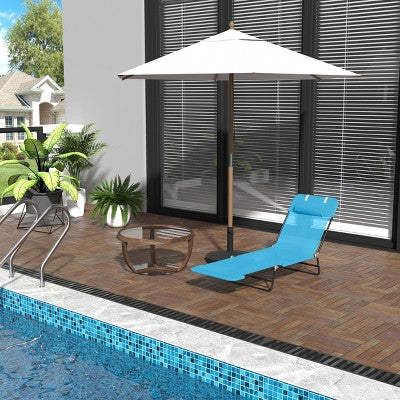 Outsunny Foldable Outdoor Chaise Lounge Chair, 6-Level Reclining Camping Tanning Chair with Breathable Mesh Fabric and Headrest, Blue
