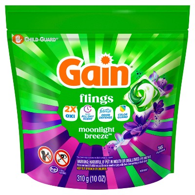 Gain Flings Moonlight Breeze Laundry Detergents - 16ct: Resealable Bag, Odor Control, Paraben-Free, High Efficiency
