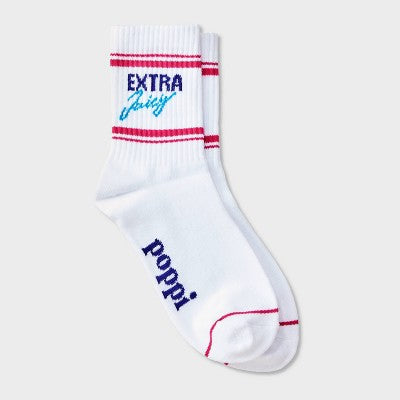 Adult Poppi Extra Juicy Graphic Crew Socks - White: Ankle Height, Flat Seams, Knit Design